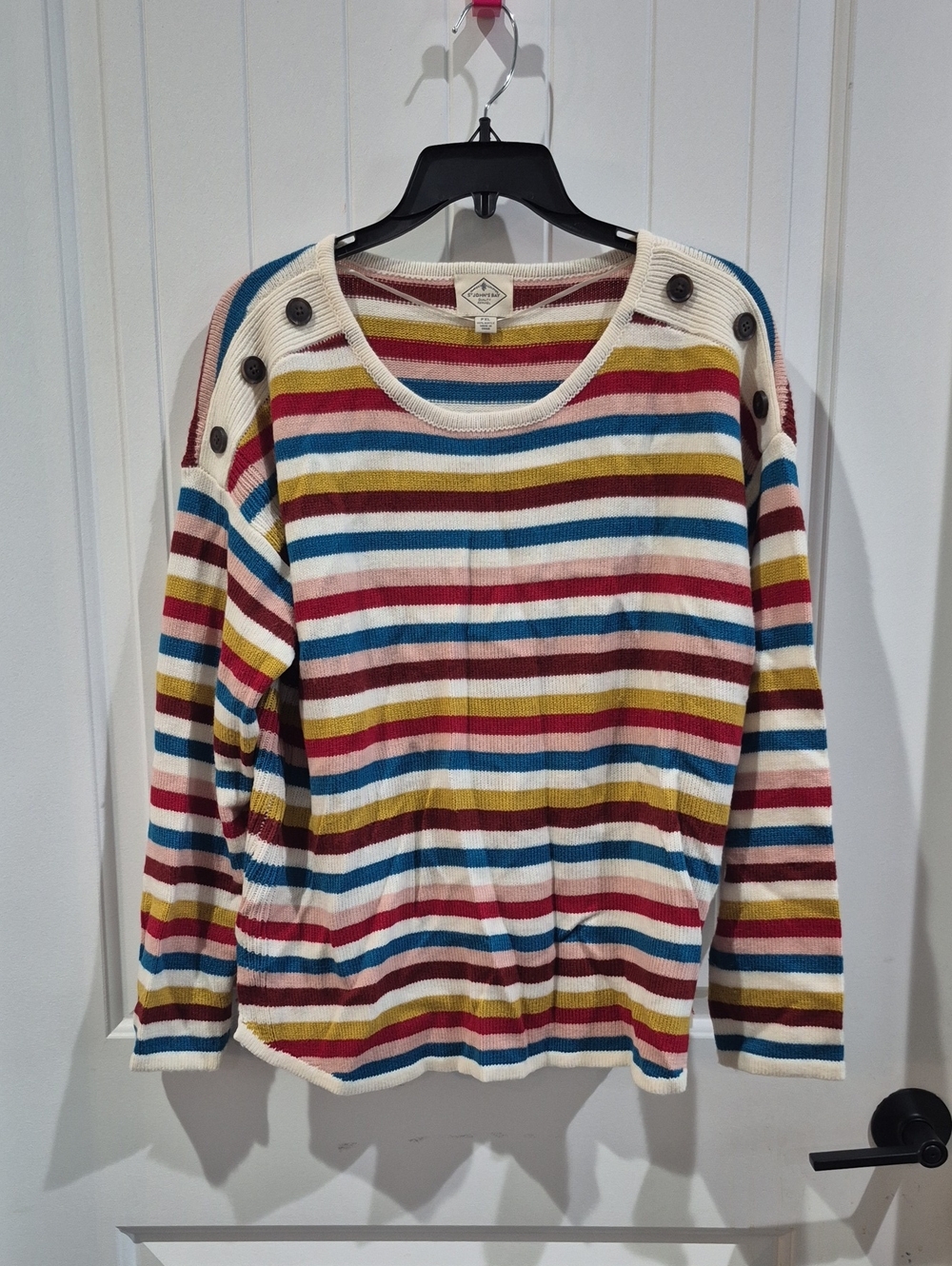St. John's Bay Striped Button-Shoulder Knit Sweater in Cream, Blue, Red, Mustard